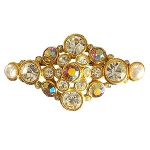 Vintage 1980s Gold Plated Rhinestone And Faux Pearl Diamond Shaped Brooch